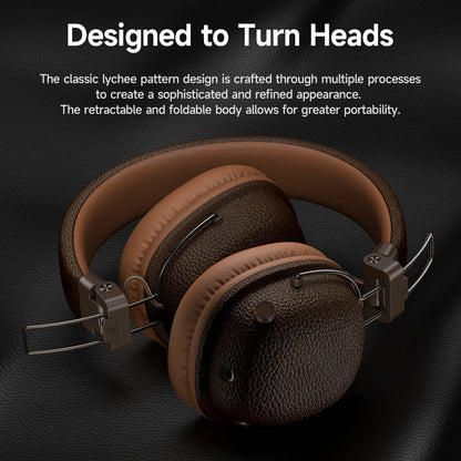 Brown headphones with lychee pattern design on a dark background
