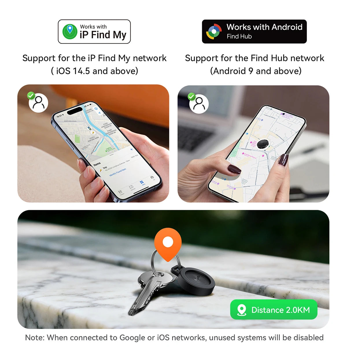 Smartphone app interface with map and location features, keychain with tracking device, and text about network compatibility.