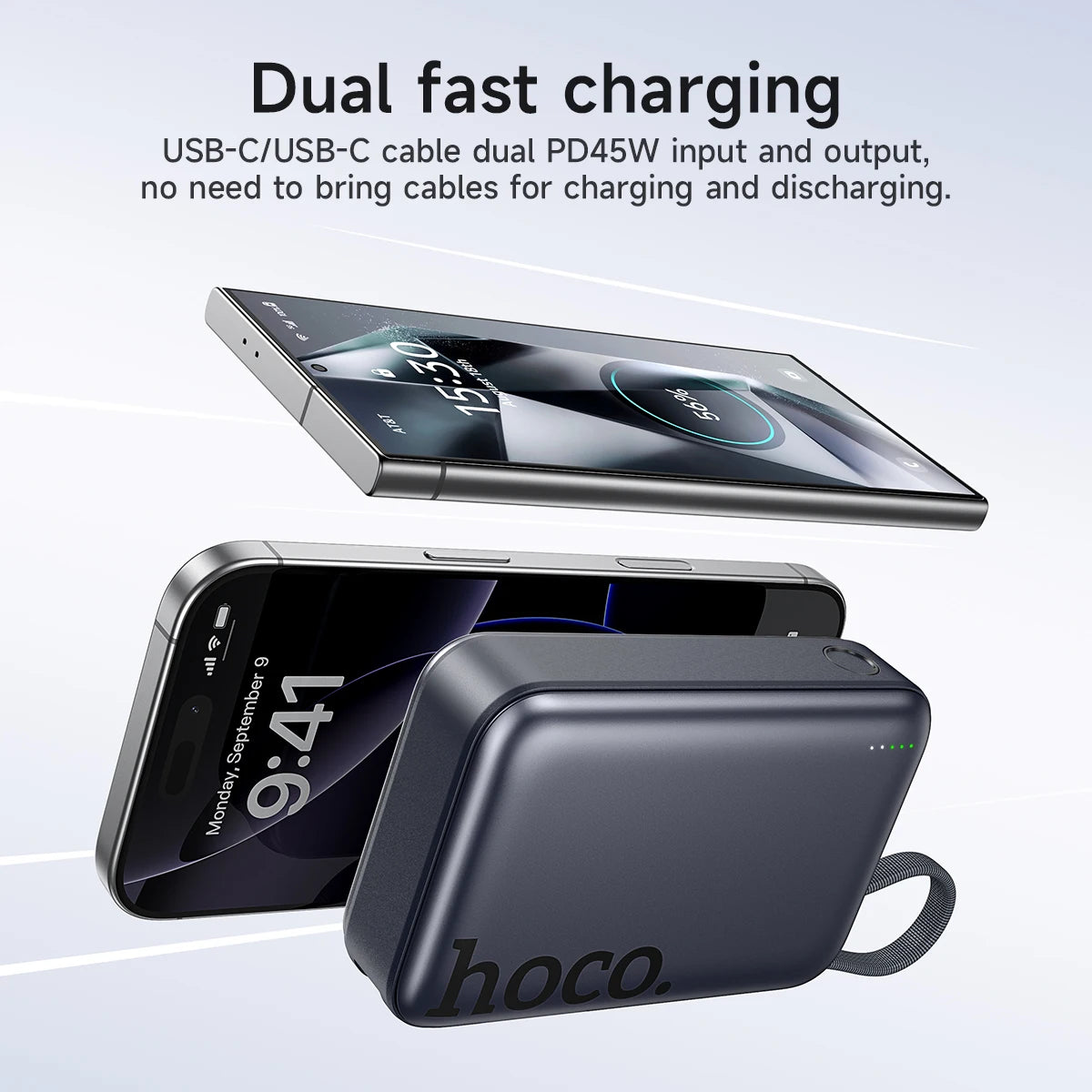 Hoco charging device with smartphone on a light gray background