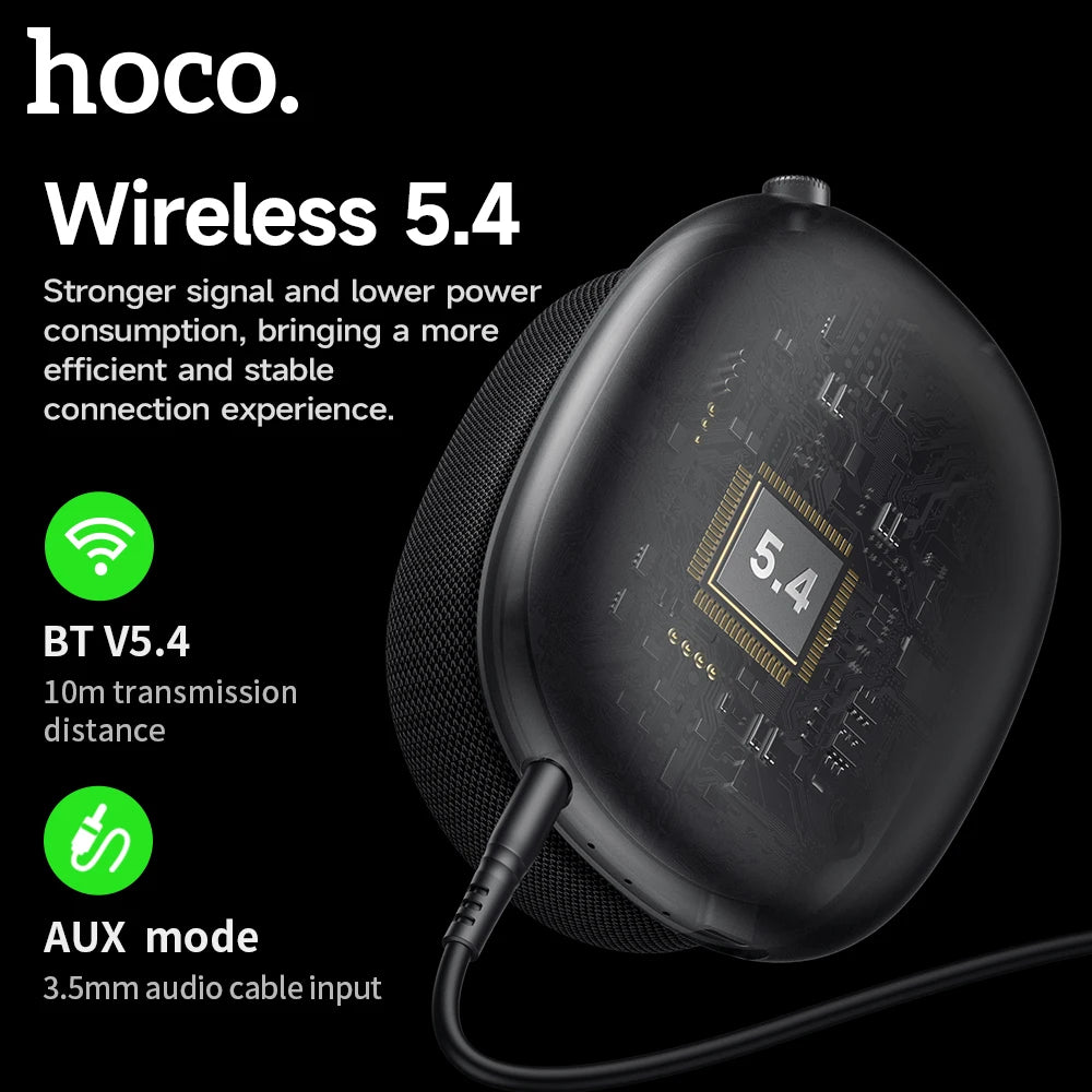 Hoco wireless 5.4 product with technical specifications on a black background