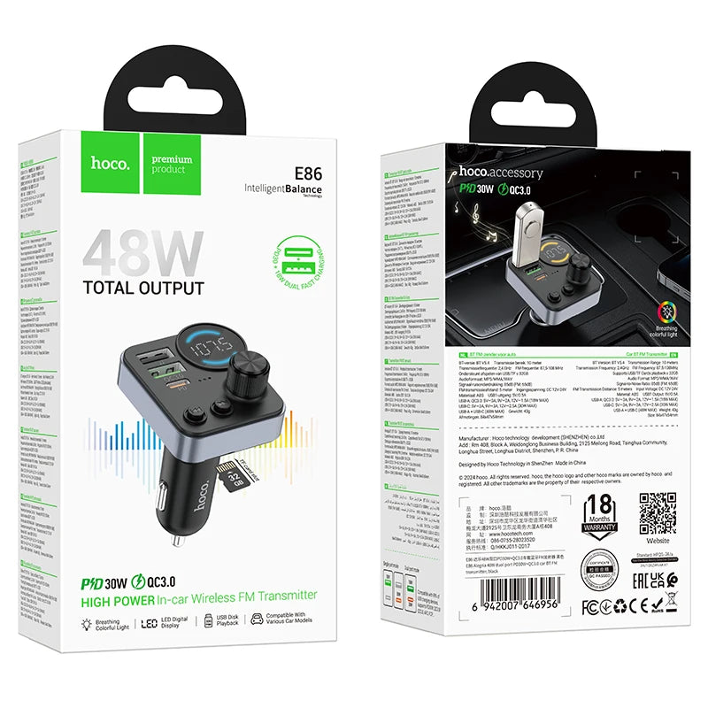 Hoco car charger and FM transmitter packaging with product details on a white background