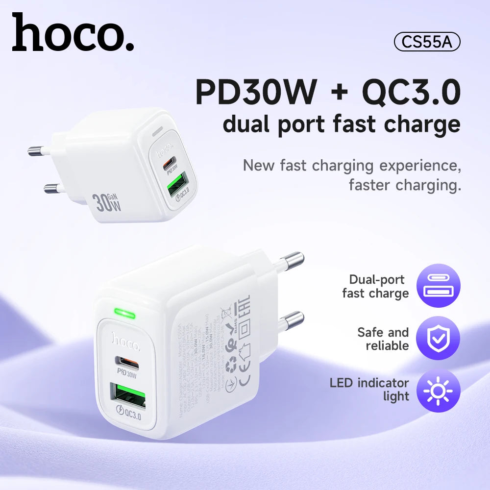 HOCO CS55A Dual Port PD 30W + QC 3.0 Wall Charger