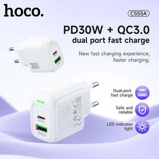 HOCO CS55A Dual Port PD 30W + QC 3.0 Wall Charger