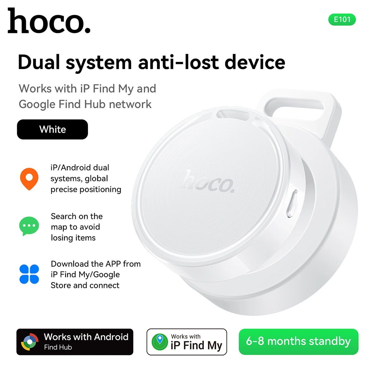 White dual system anti-lost device with hoco branding on a white background