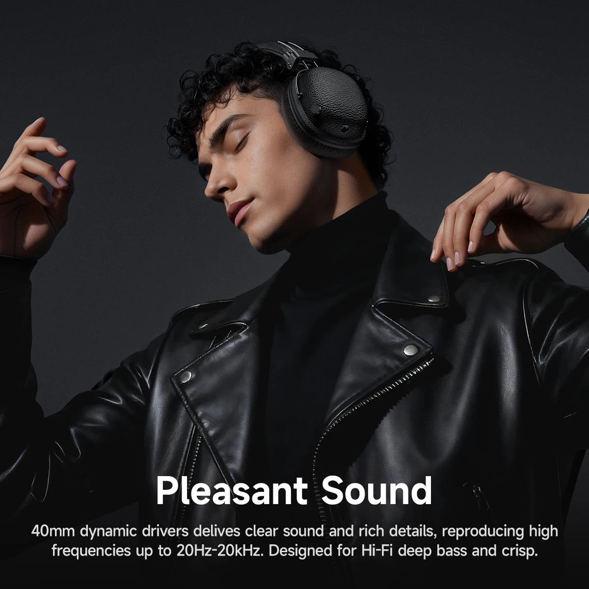 Man wearing black headphones with text about pleasant sound quality on a dark background