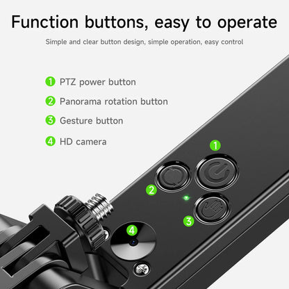 Camera control panel with buttons labeled PTZ power, panorama rotation, gesture, and HD camera on a white background.