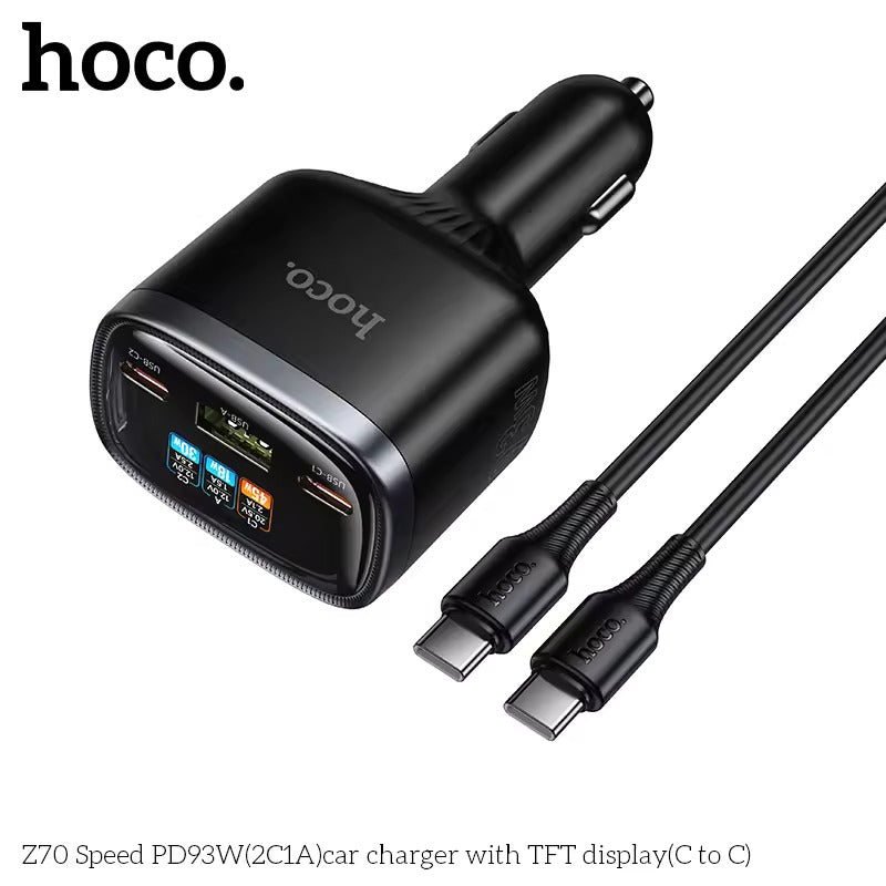 HOCO Z70 93W 3-Port Car Charger with TFT Display + 60W USB-C Cable